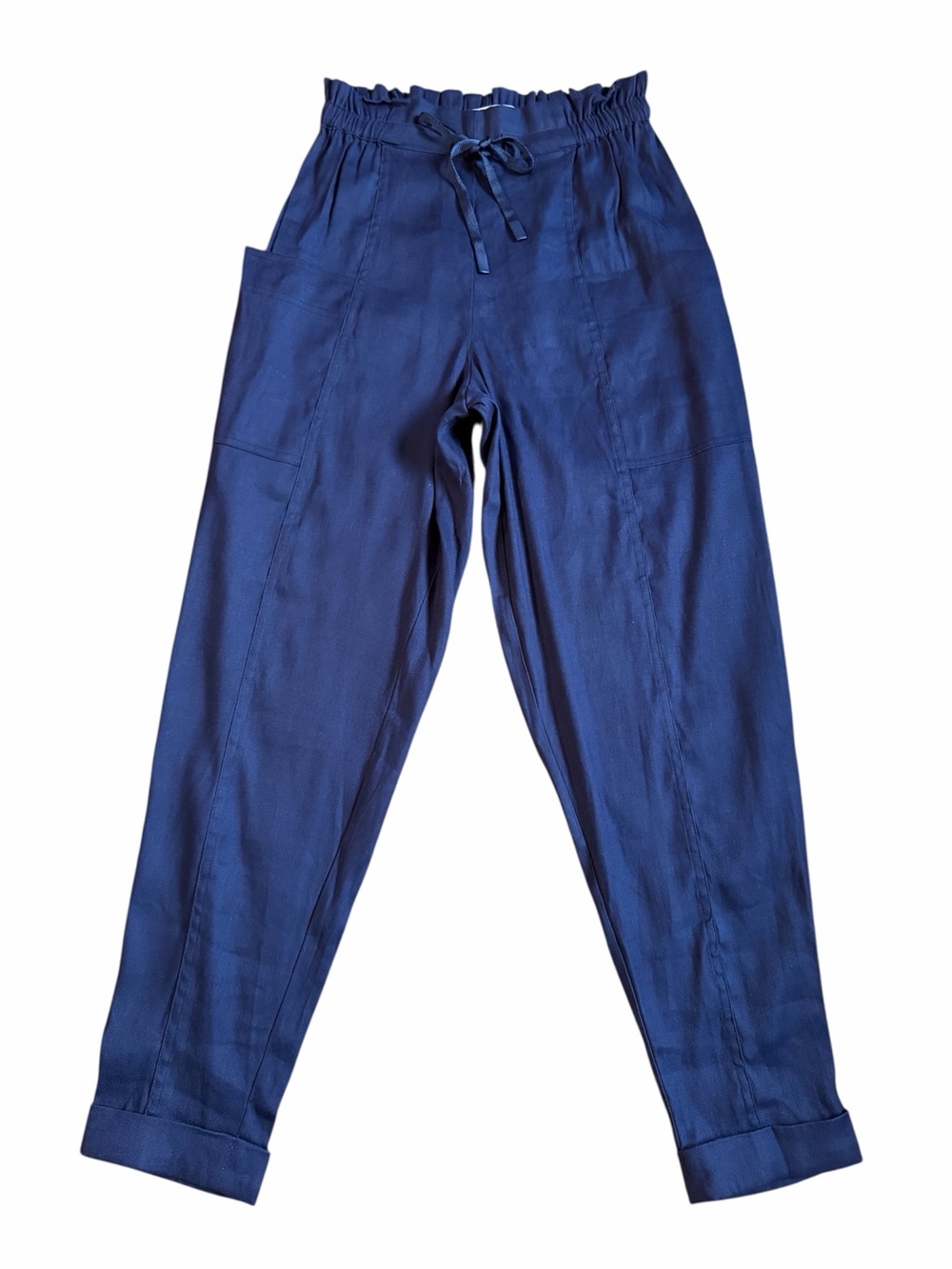Hudson North Navy Paper-bag Linen Blend Ankle Crop Tapered Pants US 8